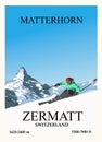 Stylish Ski And Travel Poster. An Experienced Skier Descends From The Mountain Against The Backdrop Of The Matterhorn.