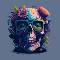 A vividly colored skull with sunglasses. Vector illustration for a postcard or a poster, print for clothes.