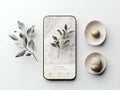 Stylish smartphone displaying a plant app, surrounded by minimalist dishware and natural elements for a serene aesthetic