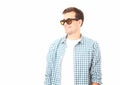 Stylish smiling guy. Cheerful young handsome man in sunglasses and looking away with smile. Copy space. Mock up. Summer Royalty Free Stock Photo