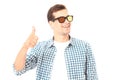 Stylish smiling guy. Cheerful young handsome man in sunglasses with thumb up and looking with smile. Copy space. Mock up. Summer Royalty Free Stock Photo