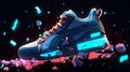 Stylish sneaker with blue neon lights against a black rocky surface, AI-generated.