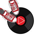 Stylish sneakers and a vinyl record. Vector illustration. Royalty Free Stock Photo