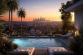 A stylish and sophisticated penthouse pool area in a Los Angeles villa, boasting mid-century modern architecture, sleek lines, and