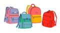 Stylish sort of school backpacks set in trendy flat modern design. Cute vector education theme collection. Royalty Free Stock Photo