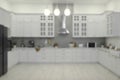 Stylish spacious kitchen with furniture, blurred view. Interior design