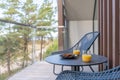 The Stylish Spacious Luxury Interior Design of Balcony in Modern Home Decor. Glass of Orange Juice and Sweet Cookies on the Table
