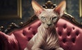 Stylish sphynx cat sitting on a luxurious sofa with velvet upholstery.