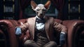 Stylish sphynx cat sitting on a luxurious sofa with velvet upholstery.