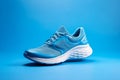 Stylish sport shoes on blue background, simple urban aesthetics. Sportswear, minimalist style and fashion, running footwear.