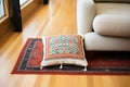 stylish square meditation pillow on patterned rug