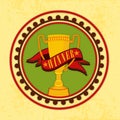 Stylish sticker with winning trophy for Cricket. Royalty Free Stock Photo