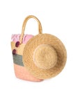 Stylish straw hat, beach bag and sunglasses on white background Royalty Free Stock Photo