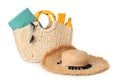 Stylish straw hat, beach bag and sunglasses on white Royalty Free Stock Photo