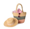 Stylish straw hat, beach bag and sunglasses on white background Royalty Free Stock Photo