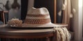 Stylish straw women's hat on the table.