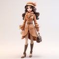 Charming Anime Style 3d Model Of Lady In Brown Coat And Handbag