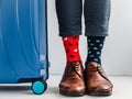 Stylish suitcase, men`s legs and bright socks Royalty Free Stock Photo