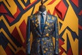 Stylish suits on mannequins on solid color background, closeup. ai generative Royalty Free Stock Photo