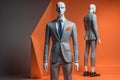 Stylish suits on mannequins on solid color background, closeup. ai generative