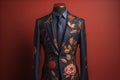 Stylish suits on mannequins on solid color background, closeup. ai generative