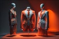 Stylish suits on mannequins on solid color background, closeup. ai generative