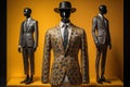 Stylish suits on mannequins on solid color background, closeup. ai generative