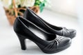 Stylish summer classic woman`s black leather shoes