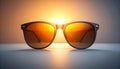 Stylish Sunglasses with Amber Lenses and Black Frames on a Light Surface with Warm Sunlight Backlight Royalty Free Stock Photo