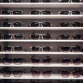 Stylish sunglasses arranged on shelves in glasses store, ready for selection