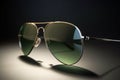 Stylish sunglasses on blackbackground with reflection, generative AI image