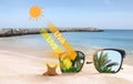 Stylish sunglasses on sandy beach near sea. UVA and UVB rays reflected by lenses, illustration Royalty Free Stock Photo