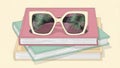 Stylish Sunglasses on Stack of Books with Palm Tree Reflection Royalty Free Stock Photo