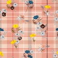 Stylish sweet vintage meadow flowers on hand drawn window tartan check or grid seamless pattern vector scatter repeat for fashion,