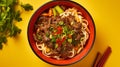 Stylish Szechuan Beef Noodle Soup On Vibrant Yellow Background