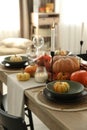 Stylish table setting with beautiful autumn decor in dining room Royalty Free Stock Photo