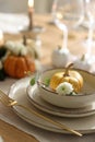 Stylish table setting with beautiful dishware and autumn decor in dining room, closeup Royalty Free Stock Photo