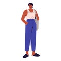Stylish tanned guy holds bag on shoulder portrait. Cute young man wearing summer outfit. Fashion person in trousers