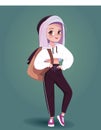 Stylish teenage girl in hoodie with backpack. Young school girl character