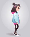 Stylish teenage girl in jeans jacket with cute hairstyle standing. Young school girl character.