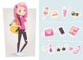 Stylish teenage girl in jeans with pink hair and backpack standing. Girl accessory vector objects set