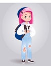 Stylish teenage girl with pink hair and backpack standing. Young school girl character.