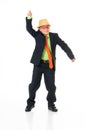 Stylish teenager in hat dancing on white background