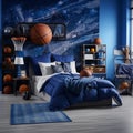 Stylish teenagers room interior with comfortable bed and sports equipment