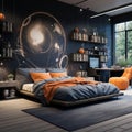 Stylish teenagers room interior with comfortable bed and sports equipment