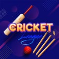 Stylish text of Cricket League with bat, ball and wicket stumps. Royalty Free Stock Photo