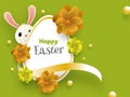 Stylish text of Happy Easter decorated with realistic flowers and egg and cute bunny on green shiny background. Royalty Free Stock Photo