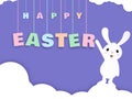 Stylish text of Happy Easter with illustration of cute rabbit on purple cloudy background.