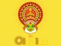 Stylish text Happy Onam and illustration of Kathakali Dancer face on yellow background. Royalty Free Stock Photo