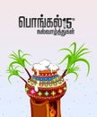 Stylish text (Happy Pongal) in Tamil with traditional mud pots, full of rice for South Indian harvesting festival celebration. Royalty Free Stock Photo